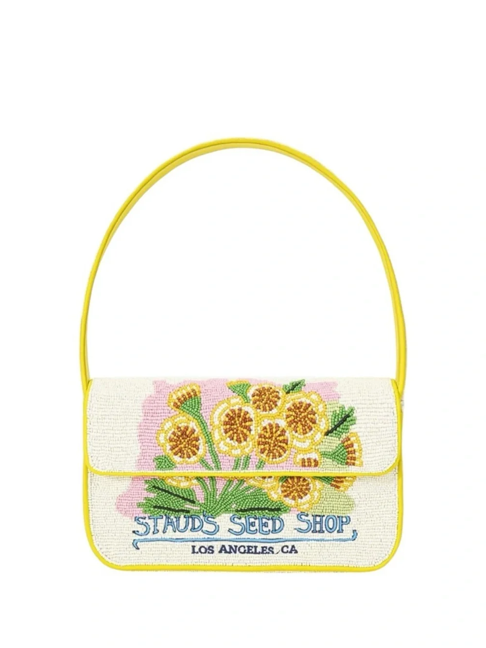 STAUD Tommy Bag Seed Shop Beaded Yellow Floral Shoulder Bag NWT